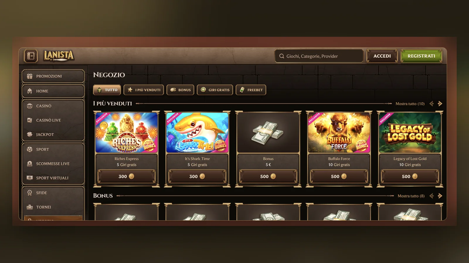 Il Negozio con giri gratuiti e bonus acquistabili con le monete