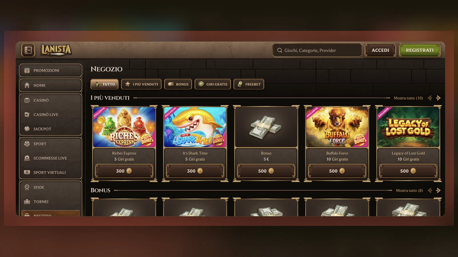Il Negozio con giri gratuiti e bonus acquistabili con le monete