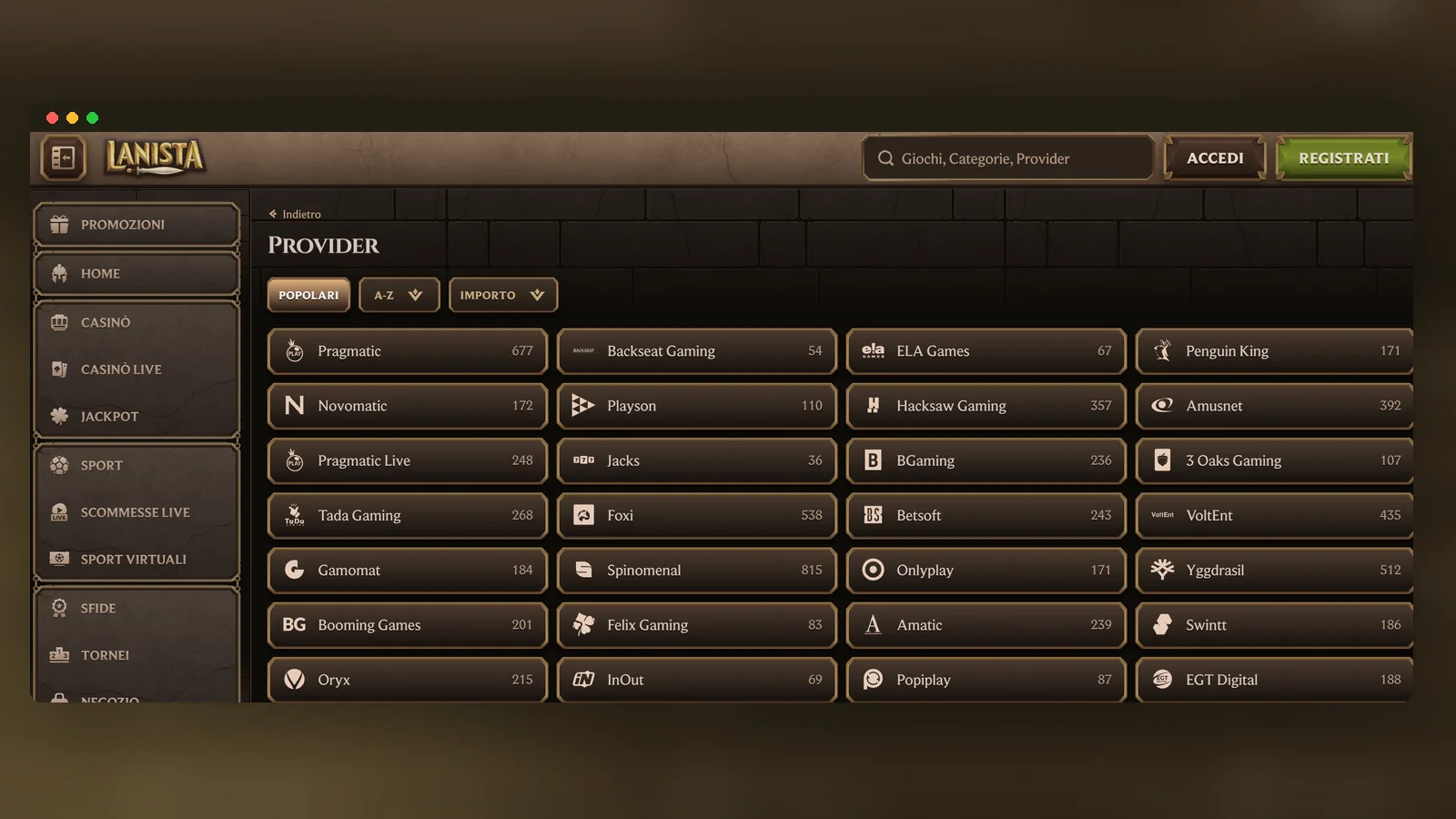 La pagina Provider con il numero di giochi per ciascun marchio